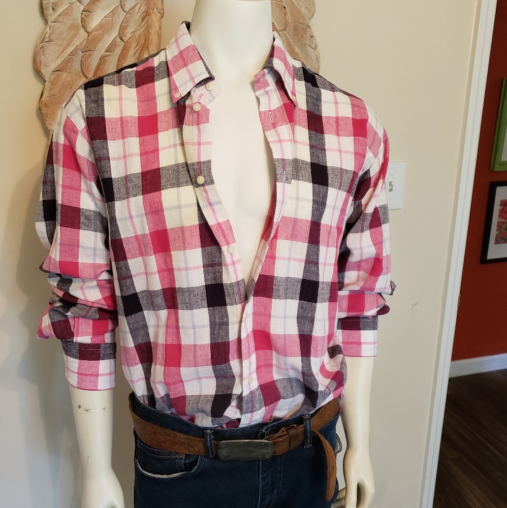 MEN'S PINK AND BLACK PLAID LINEN/COTTON SHIRT